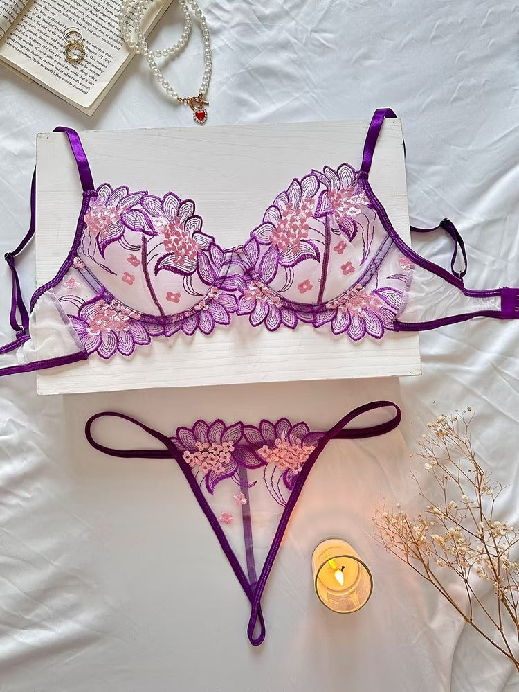 Luxury Floral Embroidered Lace Lingerie Set | Elegant Women’s Bra & Panty Collection