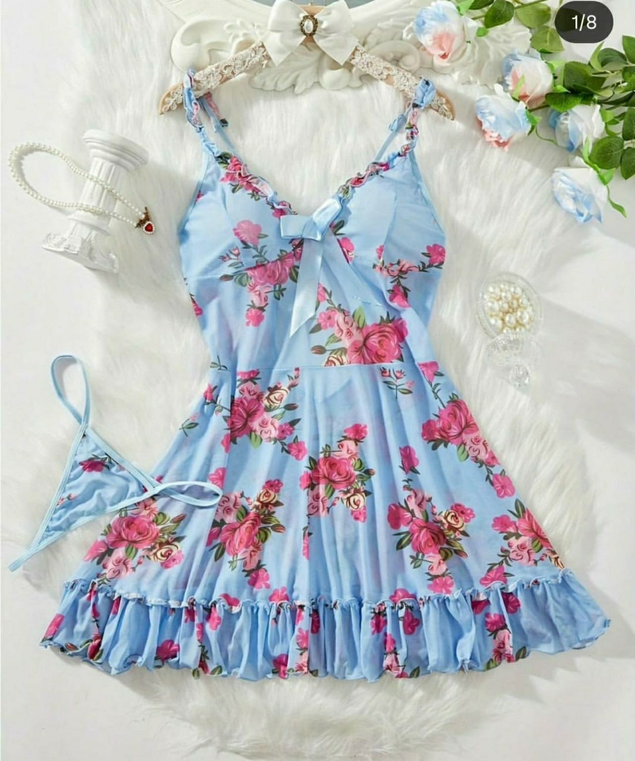 Floral Sky Blue Babydoll Nightwear Set – Soft & Elegant