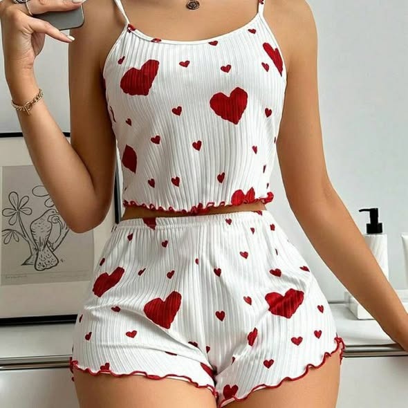 Cute Heart Print Ribbed Lounge Set
