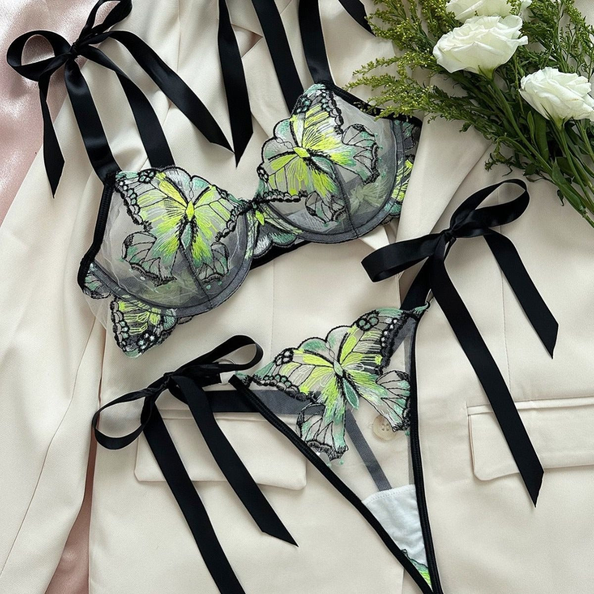 Butterfly Lace Ribbon Lingerie Set