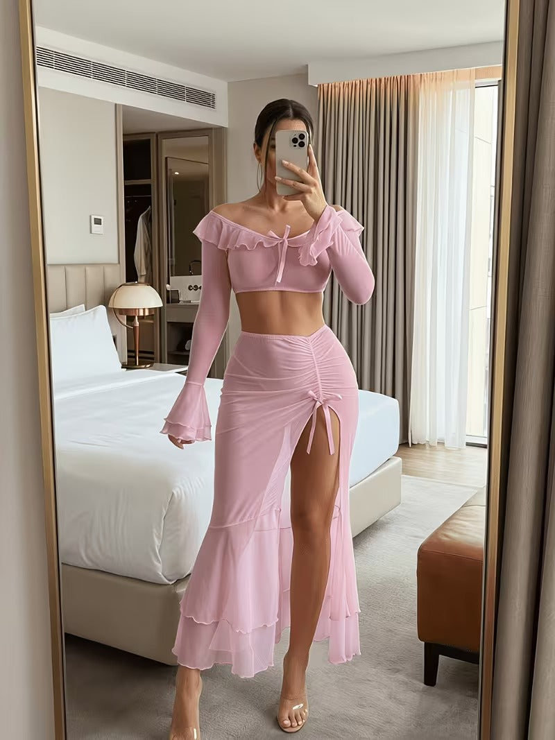 Elegant Ruffle Mesh Two-Piece Nightwear Set