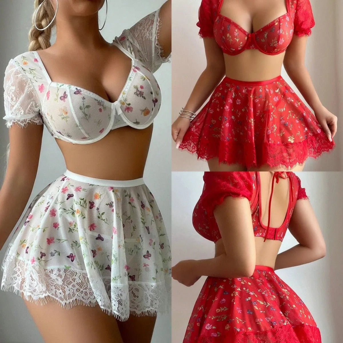 Floral Lace Two Piece Babydoll Set