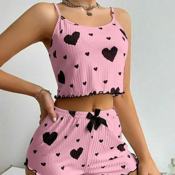 Cute Heart Print Ribbed Lounge Set