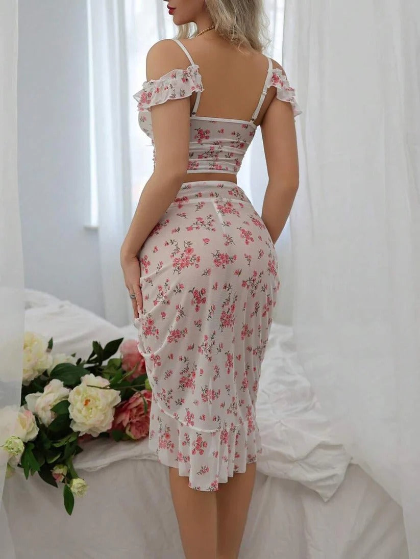 Elegant Floral Off-Shoulder Crop Top & Ruched Midi Skirt Set | Women’s Summer Fashion