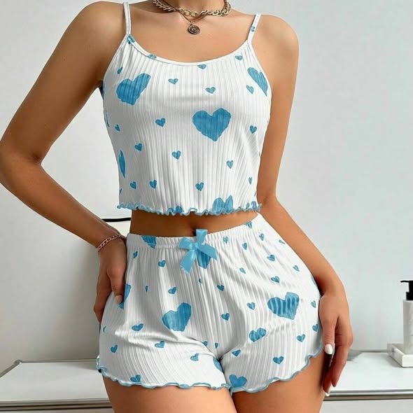 Cute Heart Print Ribbed Lounge Set