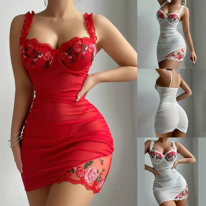 Floral Embroidered Sheer Black Night Dress for Women – Bodycon Mesh Lingerie Nightwear
