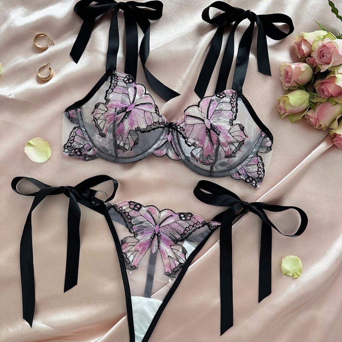 Butterfly Lace Ribbon Lingerie Set