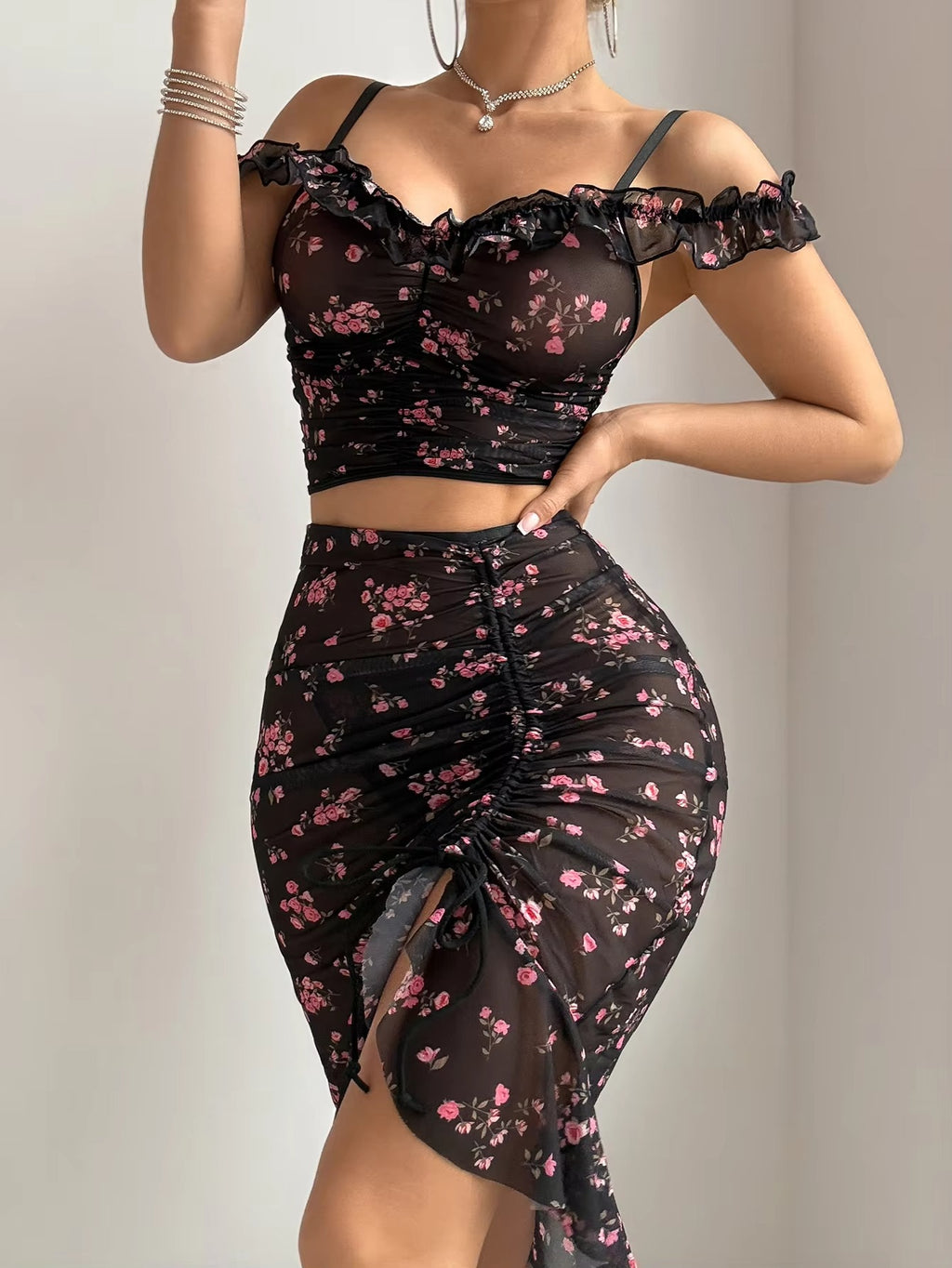 Elegant Floral Off-Shoulder Crop Top & Ruched Midi Skirt Set | Women’s Summer Fashion