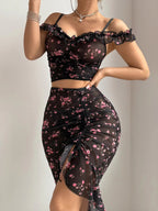 Elegant Floral Off-Shoulder Crop Top & Ruched Midi Skirt Set | Women’s Summer Fashion