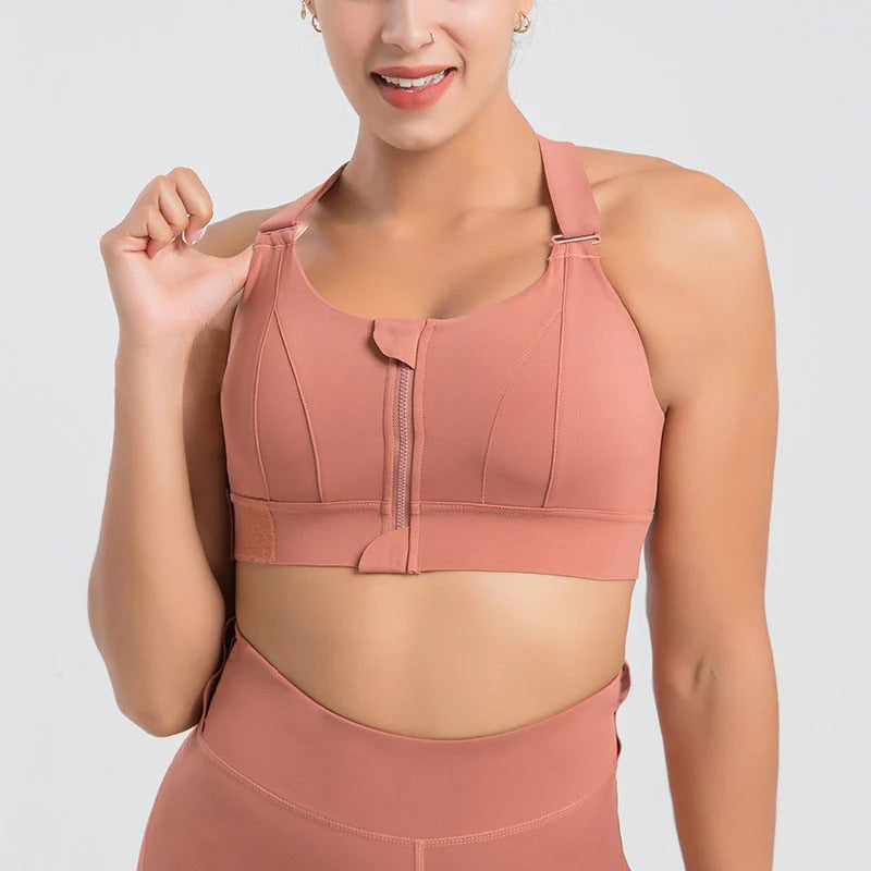 Front Zip High-Support Sports Bra for Women – Cross Back Padded Workout Bra