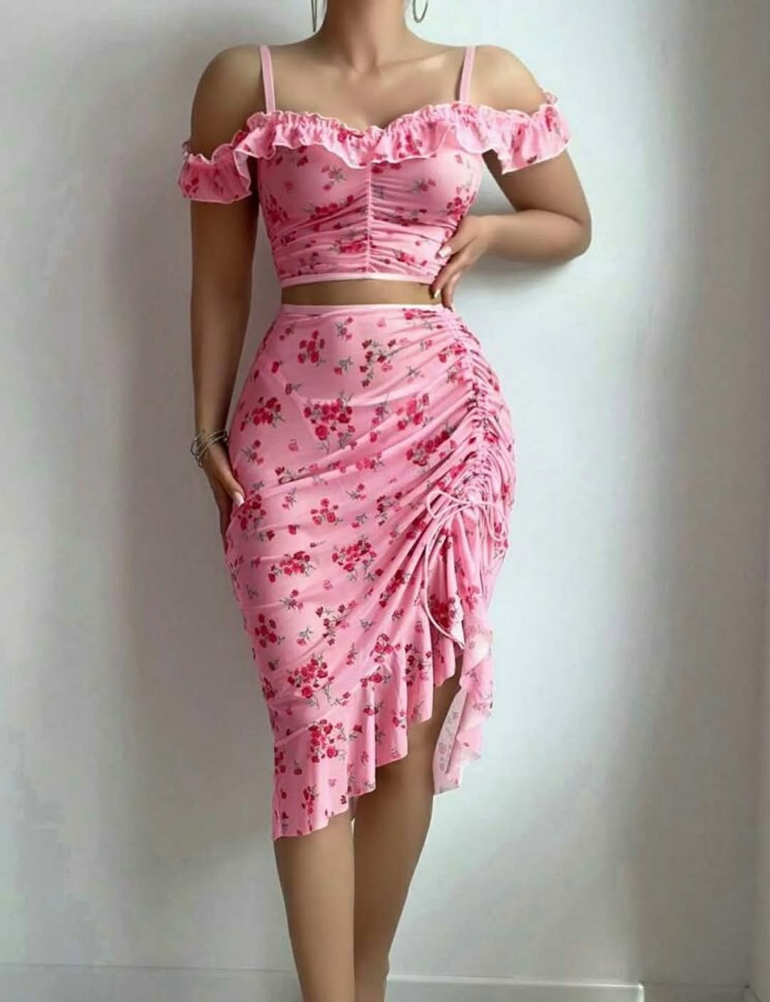Elegant Floral Off-Shoulder Crop Top & Ruched Midi Skirt Set | Women’s Summer Fashion