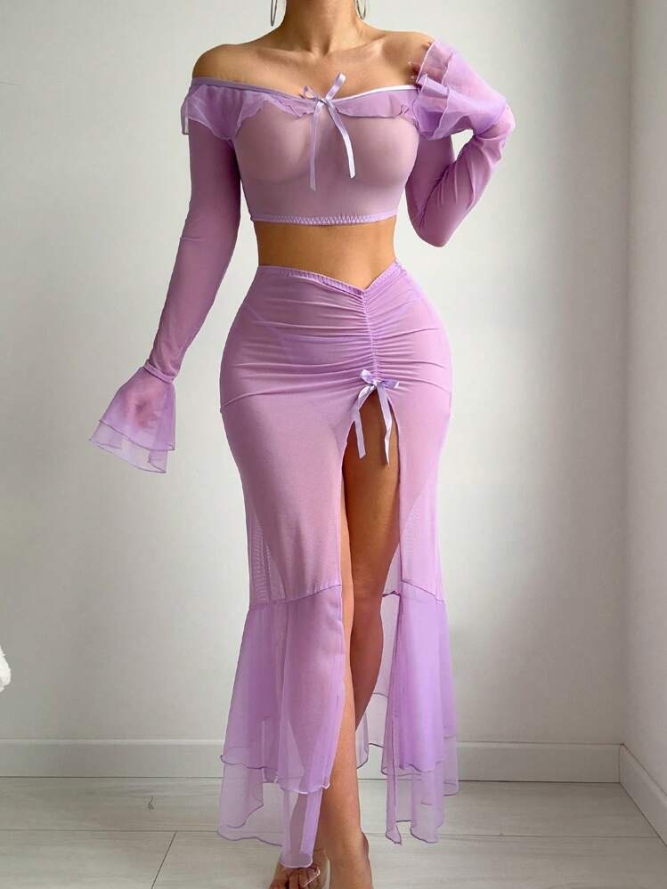 Elegant Ruffle Mesh Two-Piece Nightwear Set
