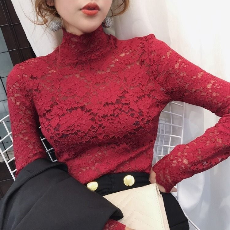 Scarlet Elegance Lace High-Neck Top ❤️