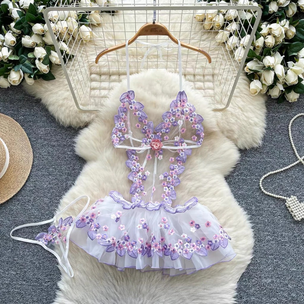 Delicate Floral Embroidered Lace Lingerie Set
