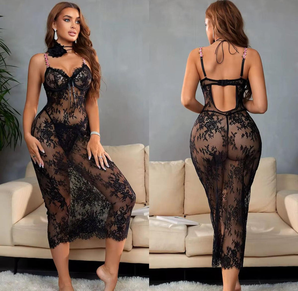Midnight Allure Sheer Lace Night Dress