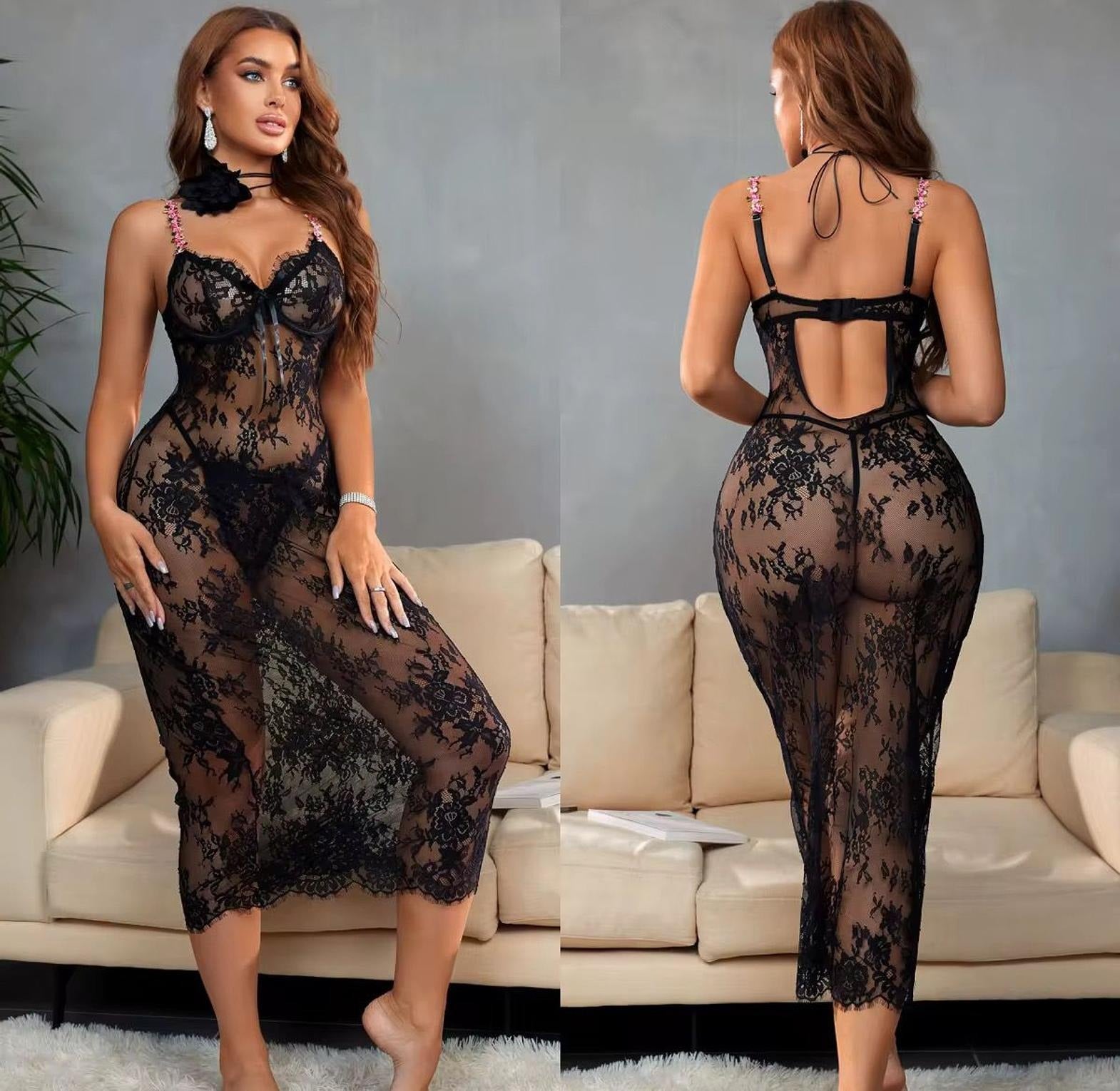 Midnight Allure Sheer Lace Night Dress