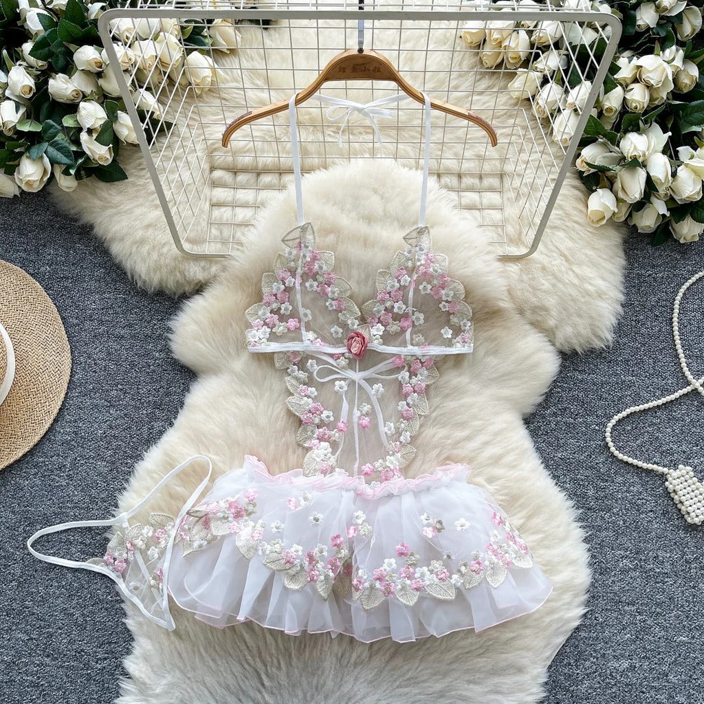 Delicate Floral Embroidered Lace Lingerie Set