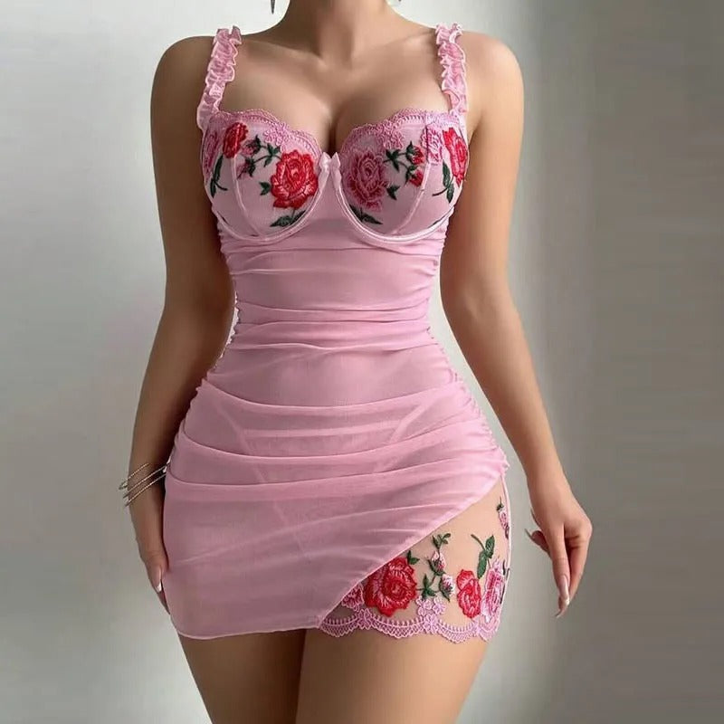 Floral Embroidered Sheer Black Night Dress for Women – Bodycon Mesh Lingerie Nightwear