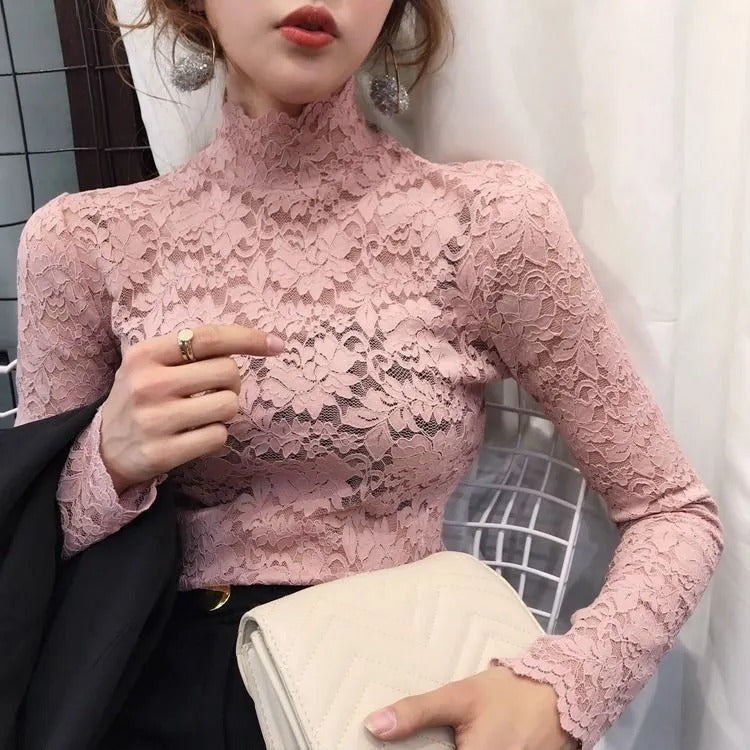 Scarlet Elegance Lace High-Neck Top ❤️
