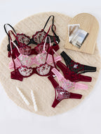 Luxury Floral Embroidered Sheer Mesh Lingerie Set – Underwire Bra & Thong
