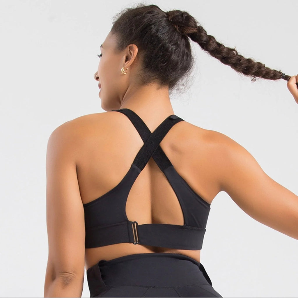 Front Zip High-Support Sports Bra for Women – Cross Back Padded Workout Bra