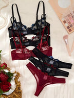 Luxury Floral Embroidered Sheer Mesh Lingerie Set – Underwire Bra & Thong