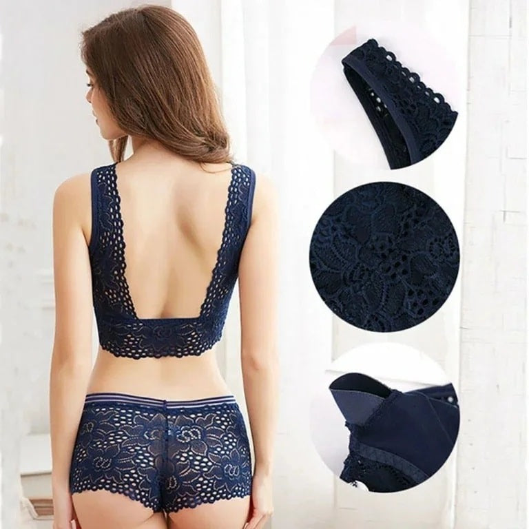 Lace Bralette & Shorts Set – Deep V Backless Design