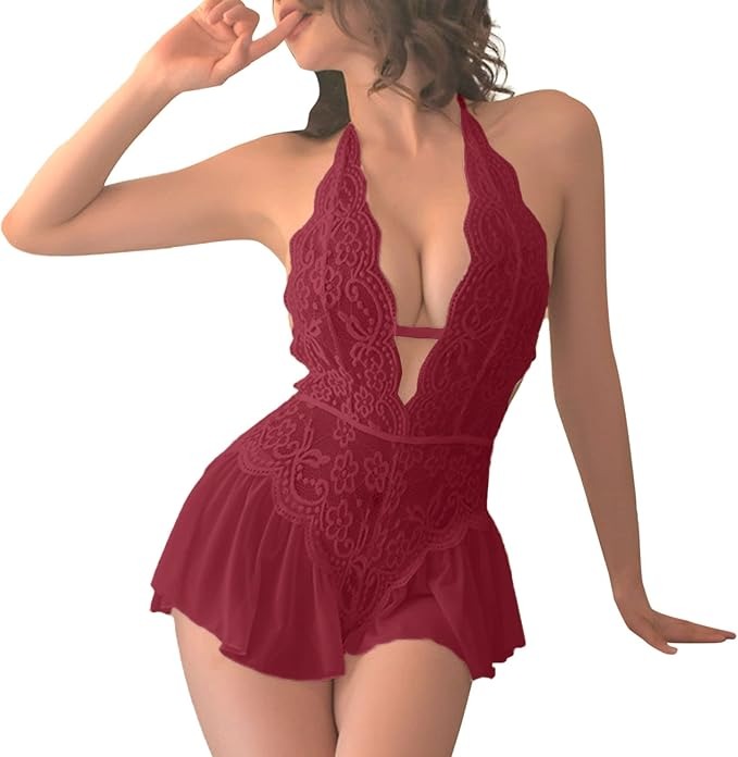 Deep V Halter Lace Short Night Dress for Women