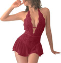 Deep V Halter Lace Short Night Dress for Women