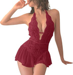 Deep V Halter Lace Short Night Dress for Women