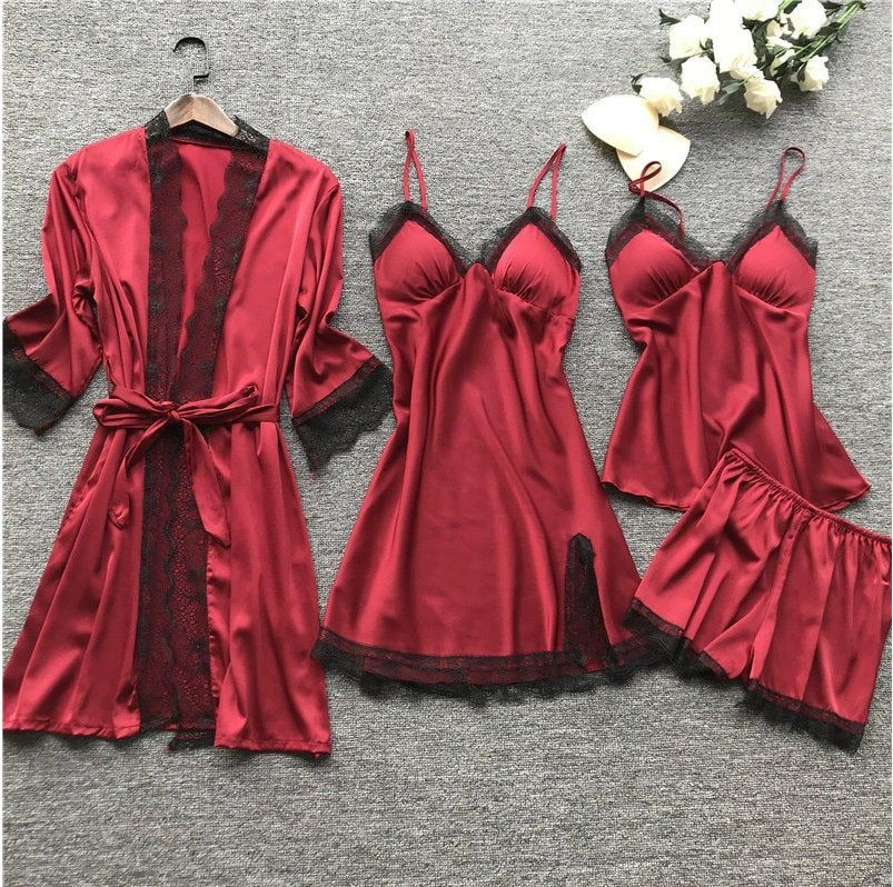 Luxury Satin Lace 4-Piece Nightwear Set