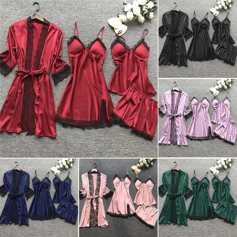 Luxury Satin Lace 4-Piece Nightwear Set
