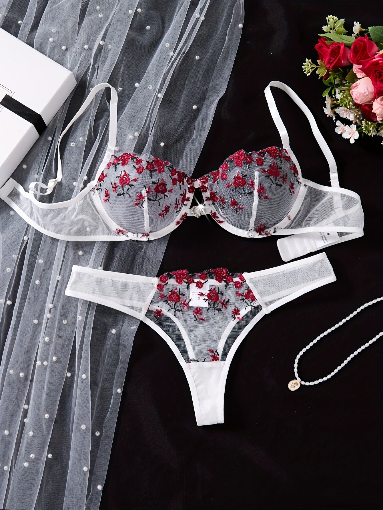 Luxury Floral Embroidered Sheer Mesh Lingerie Set – Underwire Bra & Thong