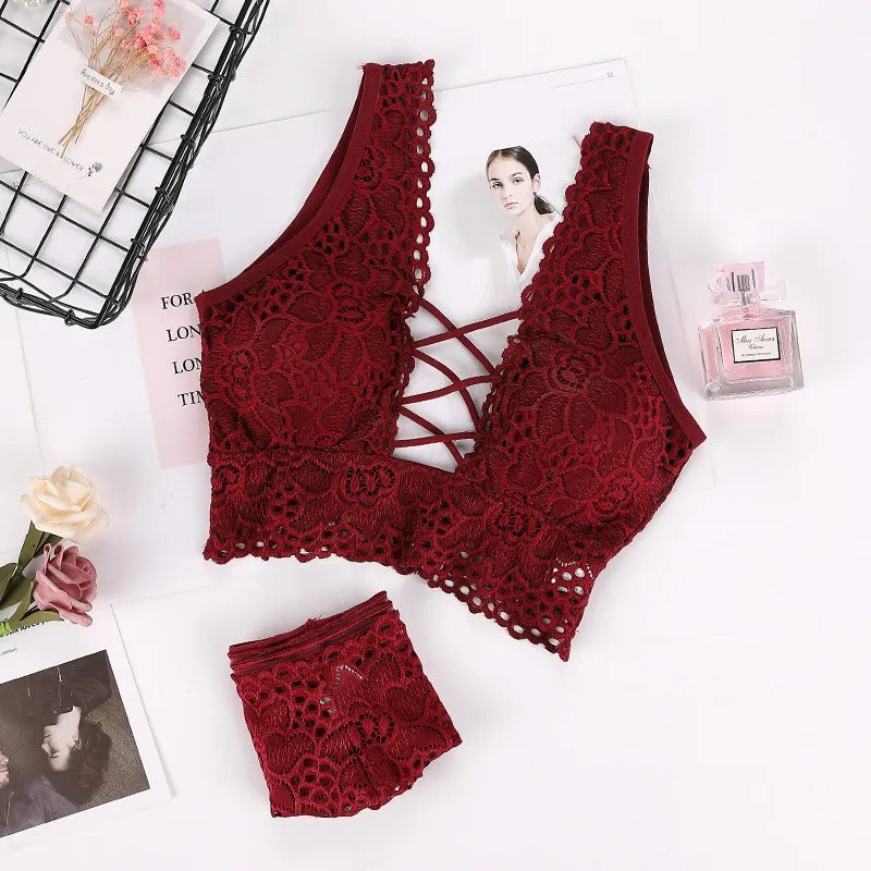 Lace Bralette & Shorts Set – Deep V Backless Design
