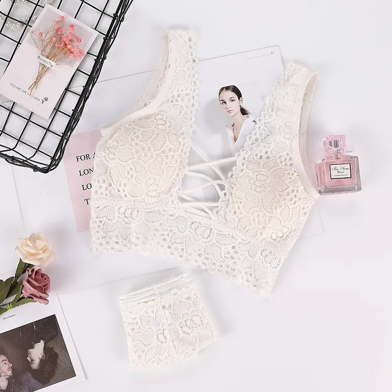 Lace Bralette & Shorts Set – Deep V Backless Design