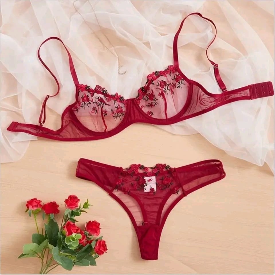 Luxury Floral Embroidered Sheer Mesh Lingerie Set – Underwire Bra & Thong
