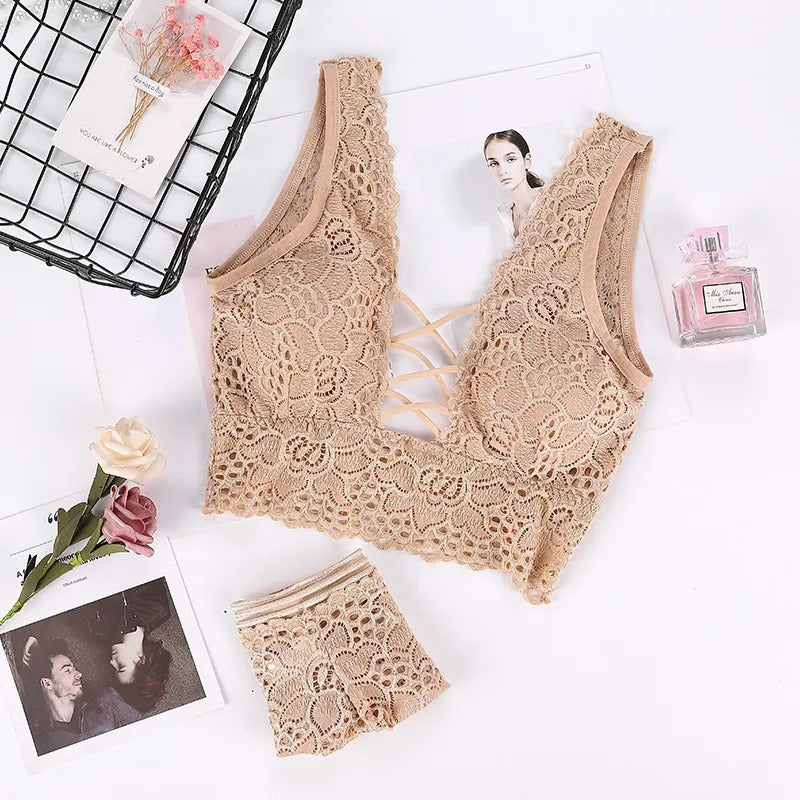 Lace Bralette & Shorts Set – Deep V Backless Design