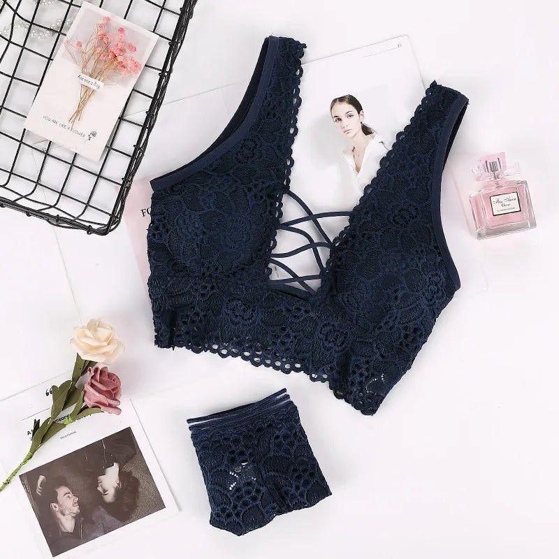 Lace Bralette & Shorts Set – Deep V Backless Design