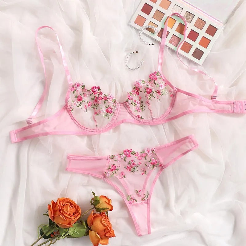 Luxury Floral Embroidered Sheer Mesh Lingerie Set – Underwire Bra & Thong