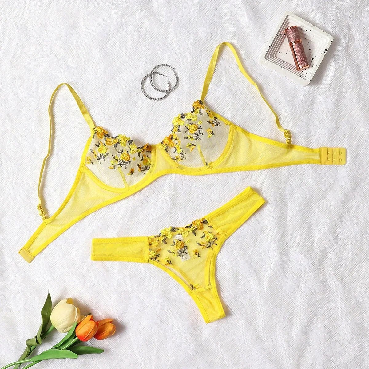 Luxury Floral Embroidered Sheer Mesh Lingerie Set – Underwire Bra & Thong