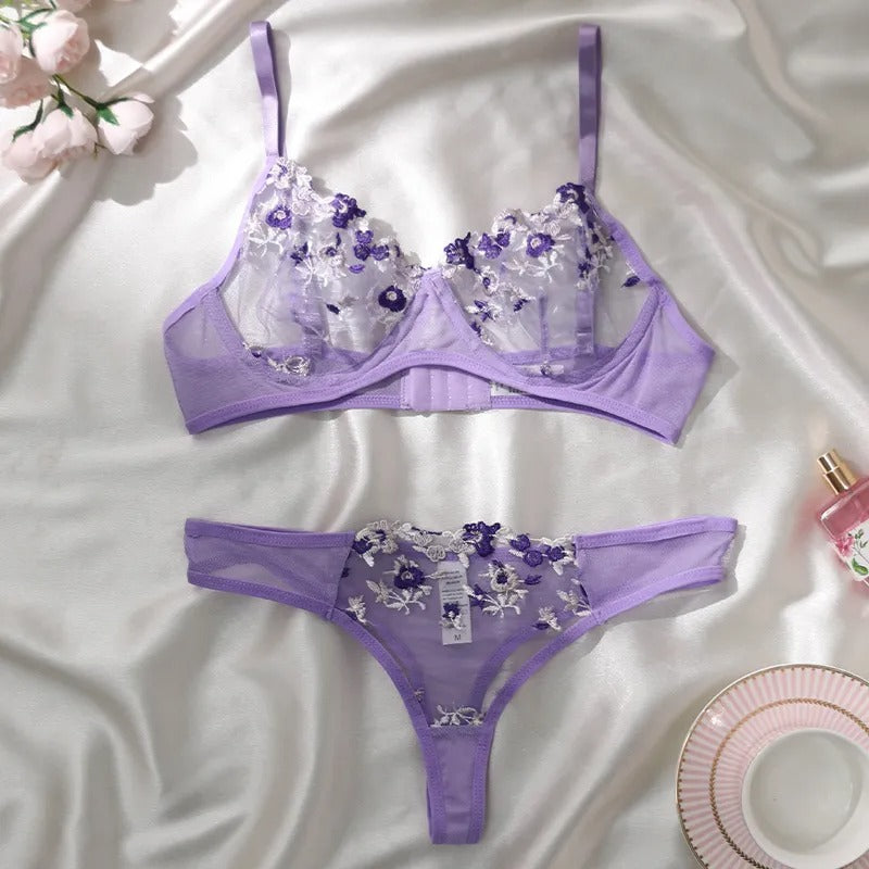 Luxury Floral Embroidered Sheer Mesh Lingerie Set – Underwire Bra & Thong