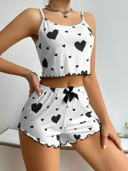 Cute Heart Print Ribbed Lounge Set